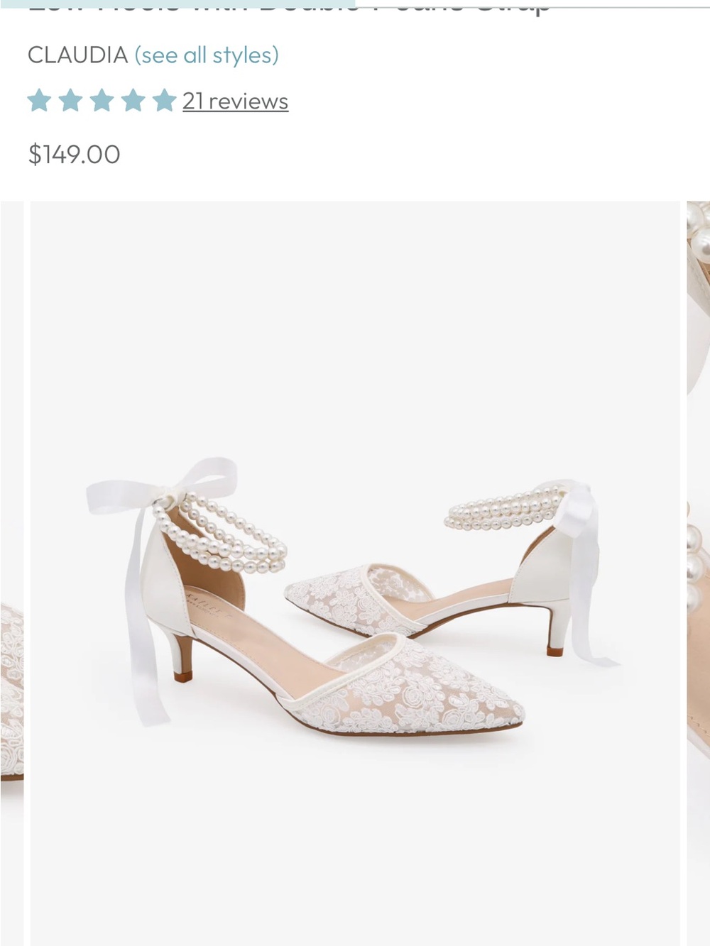 NWOT Crochet Lace Pointy Toe Wedding Kitten Low Heels with Double Pearls Strap - Picture 2 of 6
